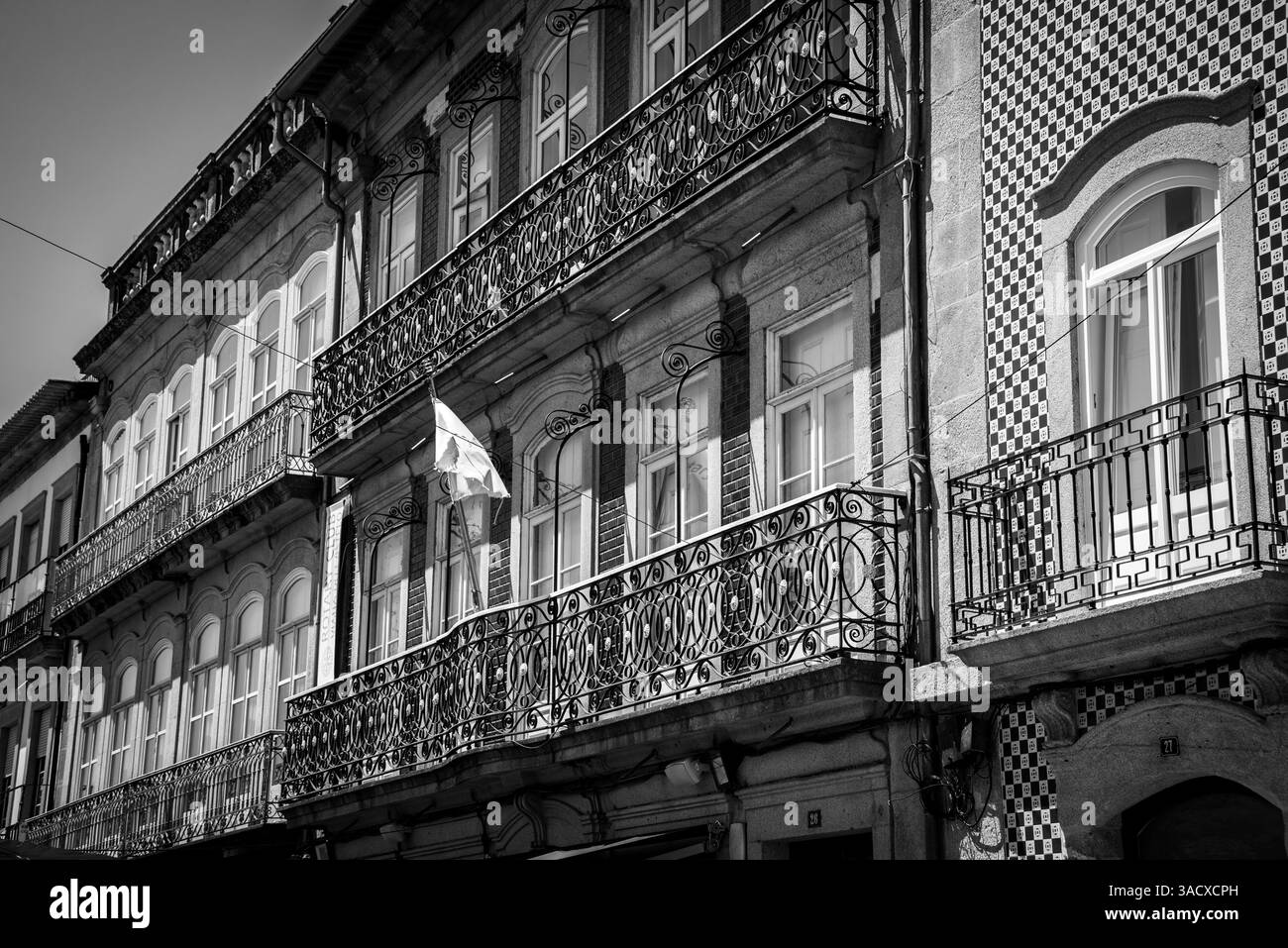 Traditional house facade with ceramic tiles and balconies in Viana do Castelo, Portugal Stock Photo