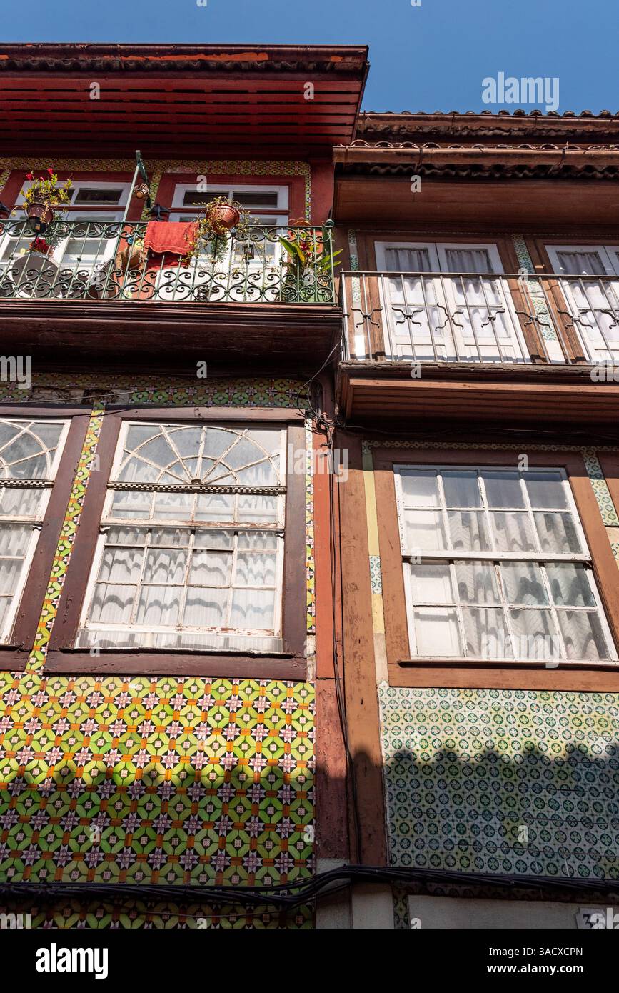 Traditional house facade with ceramic tiles and balconies in Viana do Castelo, Portugal Stock Photo