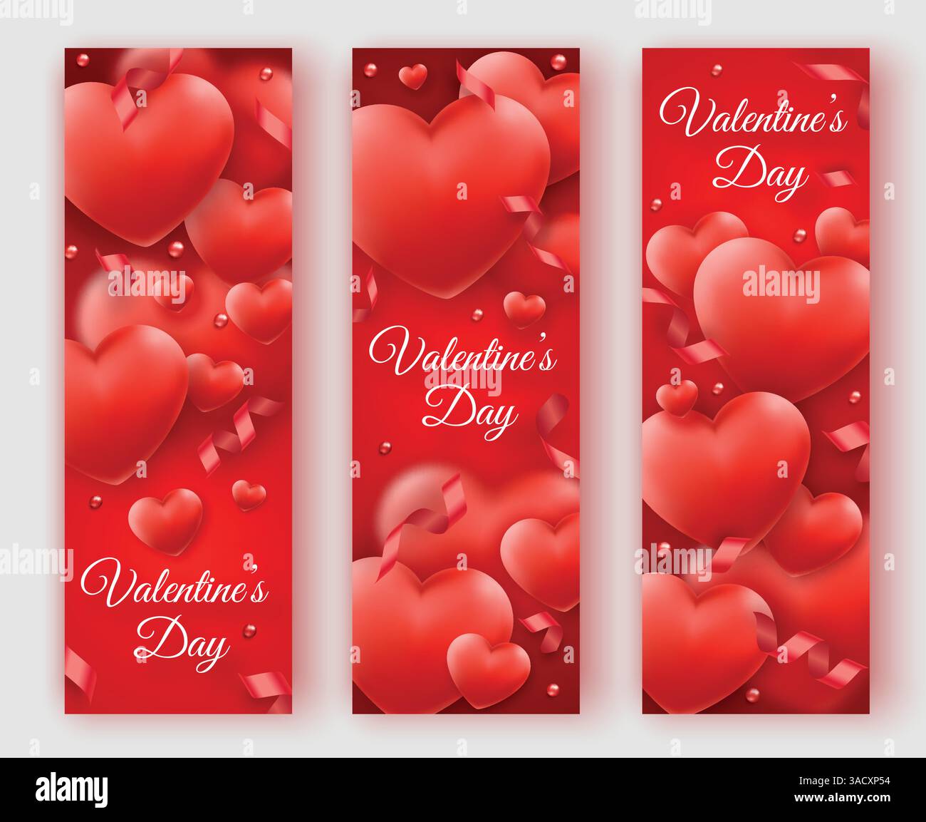 Three Valentines Day vertical banners with red hearts, ribbons and ...