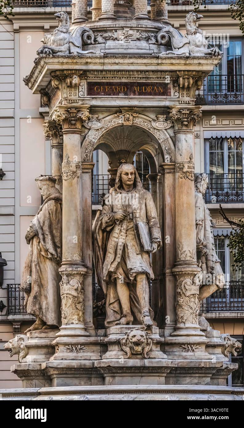 Gerard Audran Statue, Jacobins Fountain, Place Des Jacobins, Lyon, France. Fountain of famous French artists, installed 1885 by sculptors Gaspard Andr Stock Photo