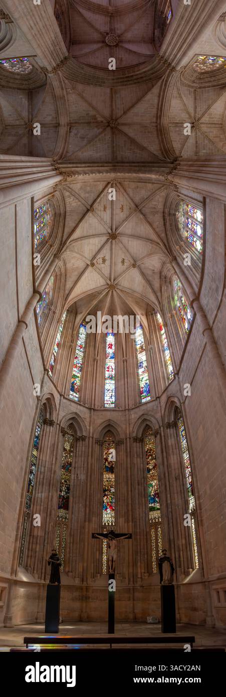 Batalha, Portugal, Vertical panorama of the presbytery of the church of the Batalha monastery, demonstrating the extreme hight of the building, Portugal Stock Photo