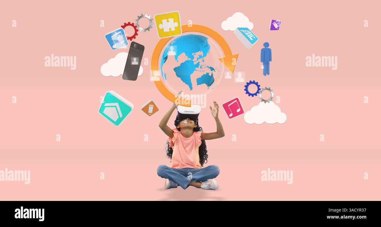 Child using VR headset exploring digital world with interactive icons floating Stock Photo