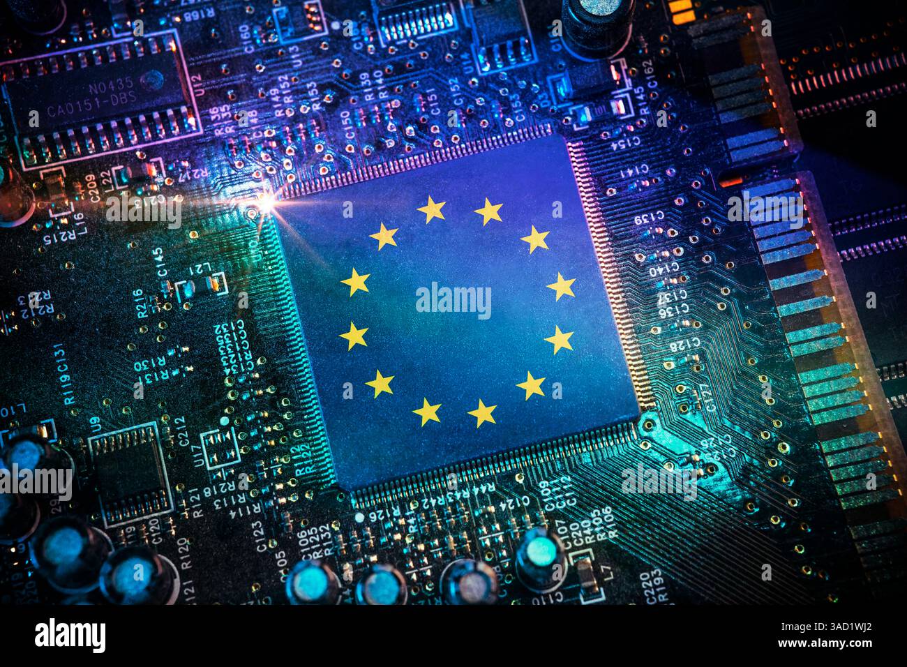 Computer chip with European flag, AI Act, AI regulation, photomontage ...