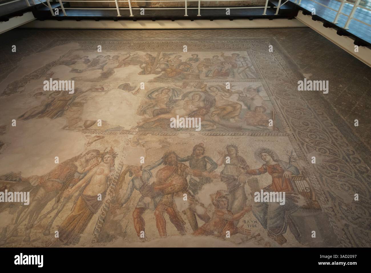 Cyprus, Paphos, Nea Pafos Archaeological Site, House of Aion, Colourful Roman Floor Mosaics Stock Photo