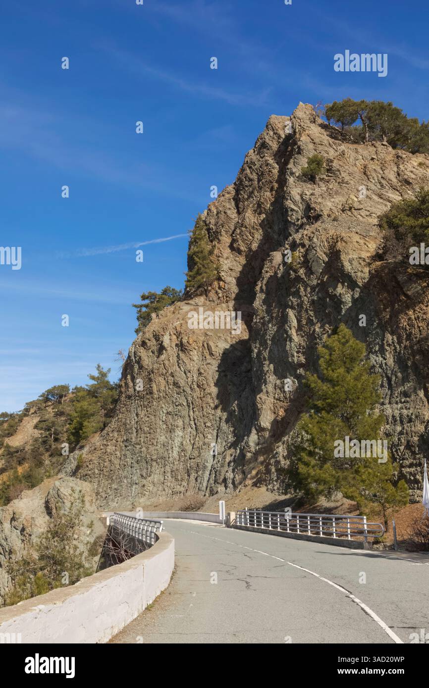 Cyprus, Paphos, Troodos Mountains, Empty Road and Mountains Stock Photo