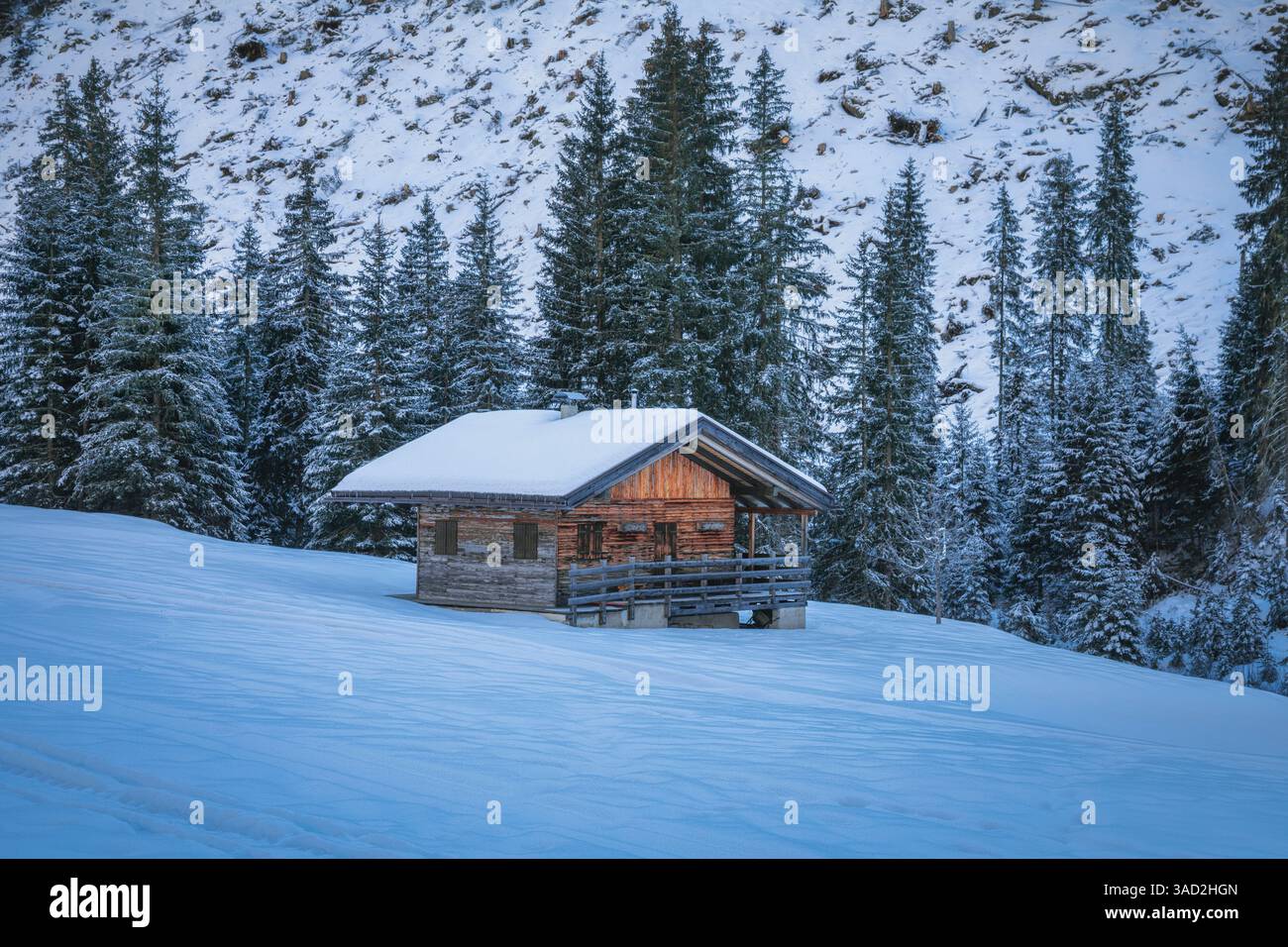 Solitary wooden hut in San Nicolo Valley on a cold winter morning, Pozza di Fassa, province of Trento, Trentino Alto Adige, Dolomites, Italy Stock Photo