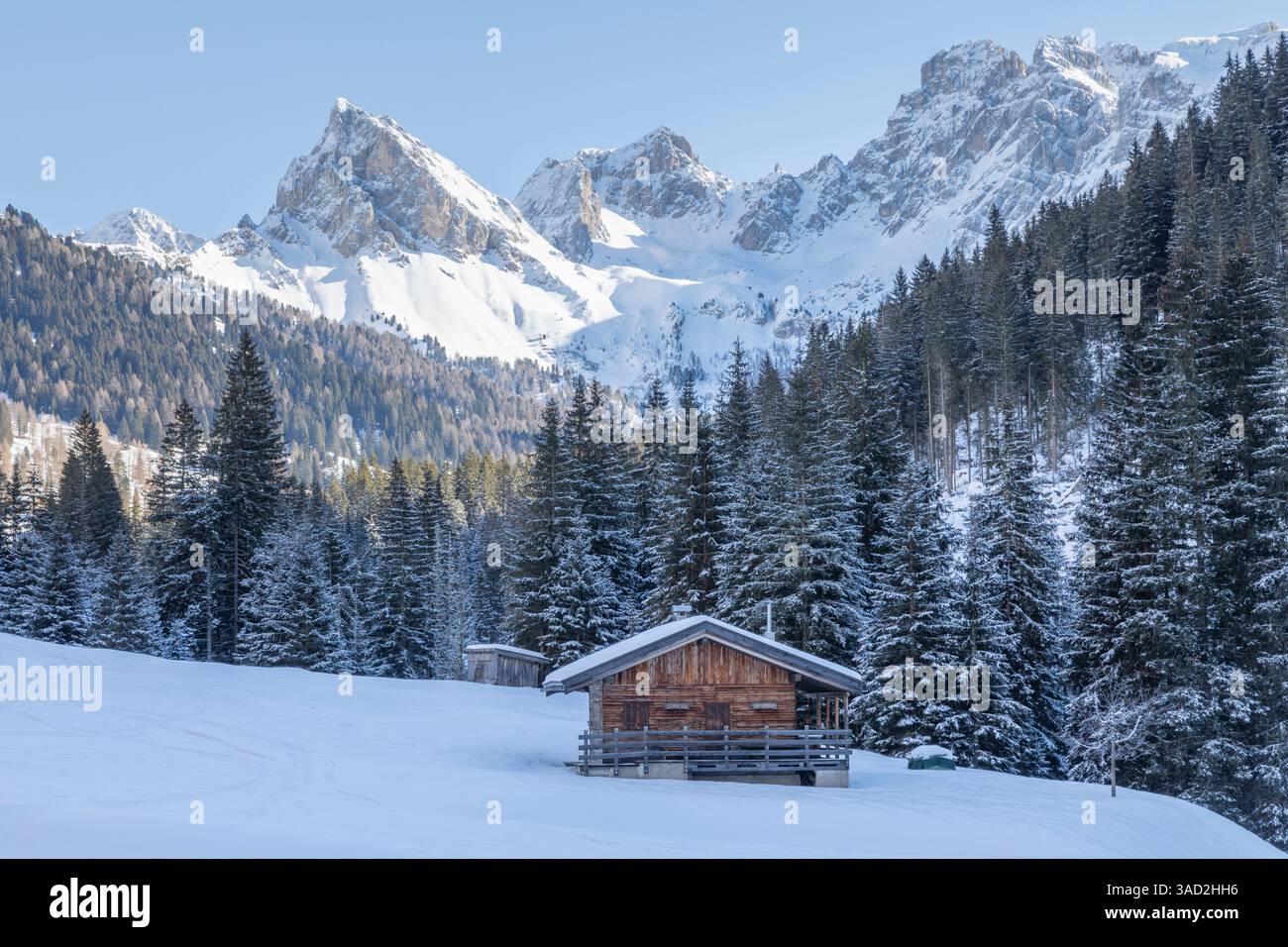 Solitary wooden hut in San Nicolo Valley on a cold winter morning, Pozza di Fassa, province of Trento, Trentino Alto Adige, Dolomites, Italy Stock Photo