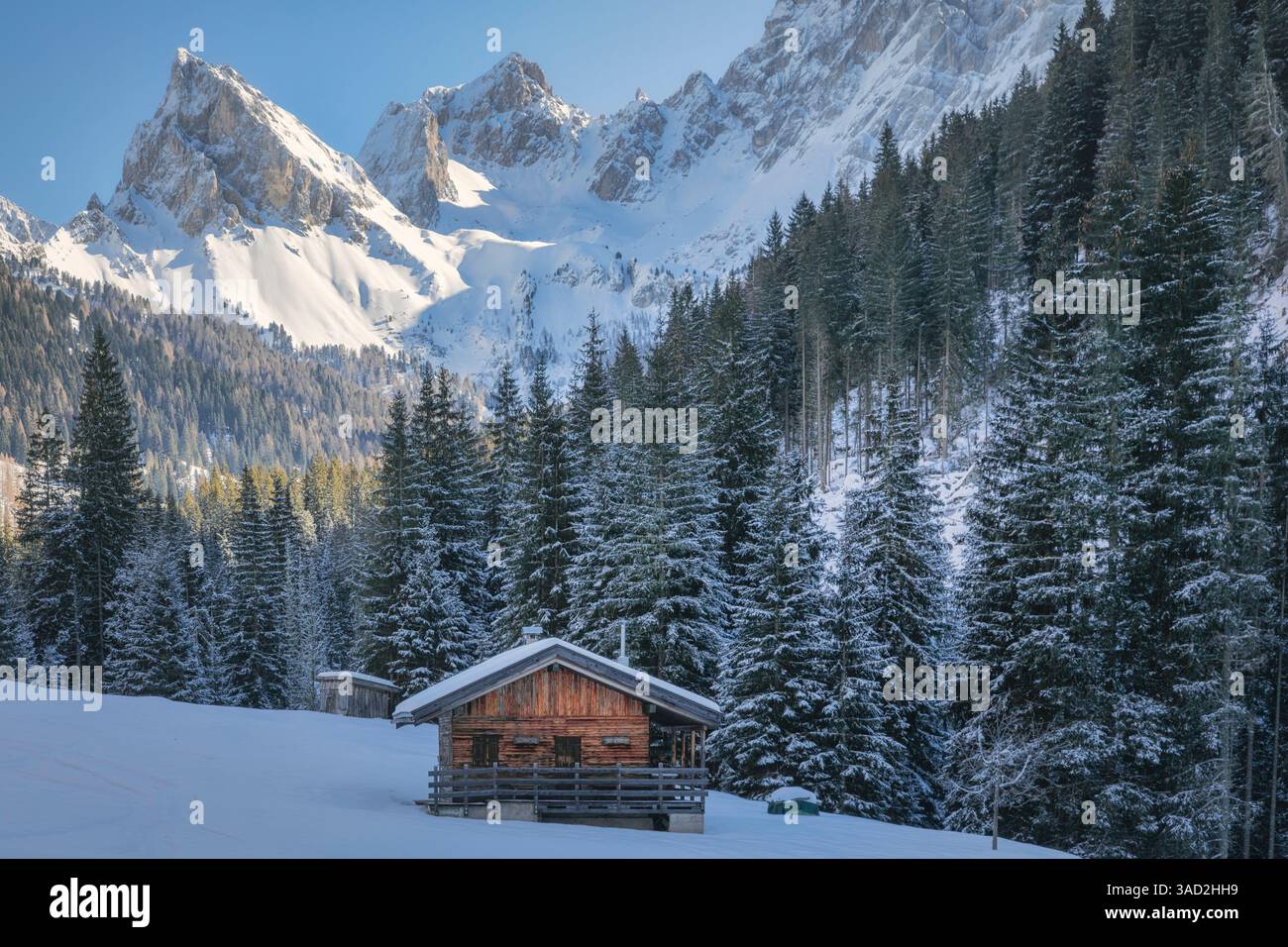Solitary wooden hut in San Nicolo Valley on a cold winter morning, Pozza di Fassa, province of Trento, Trentino Alto Adige, Dolomites, Italy Stock Photo