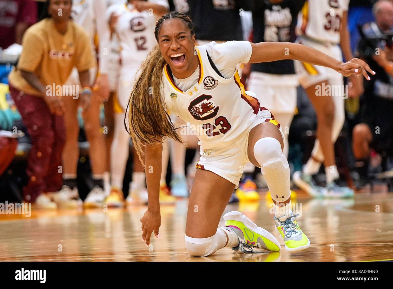 South Carolina guard Bree Hall (23) reacts after hitting a three point ...