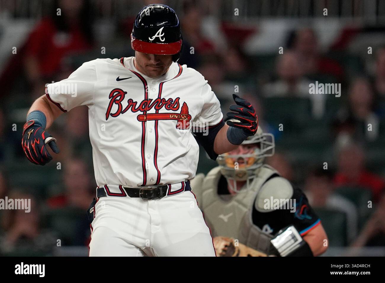 Austin Riley Third Base Atlanta Braves third base Austin Riley (27) reacts to being hit by a ...