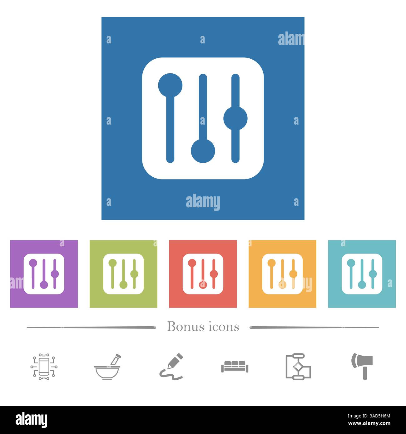 Settings Sliders flat white icons in square backgrounds. 6 bonus icons included. Stock Vector