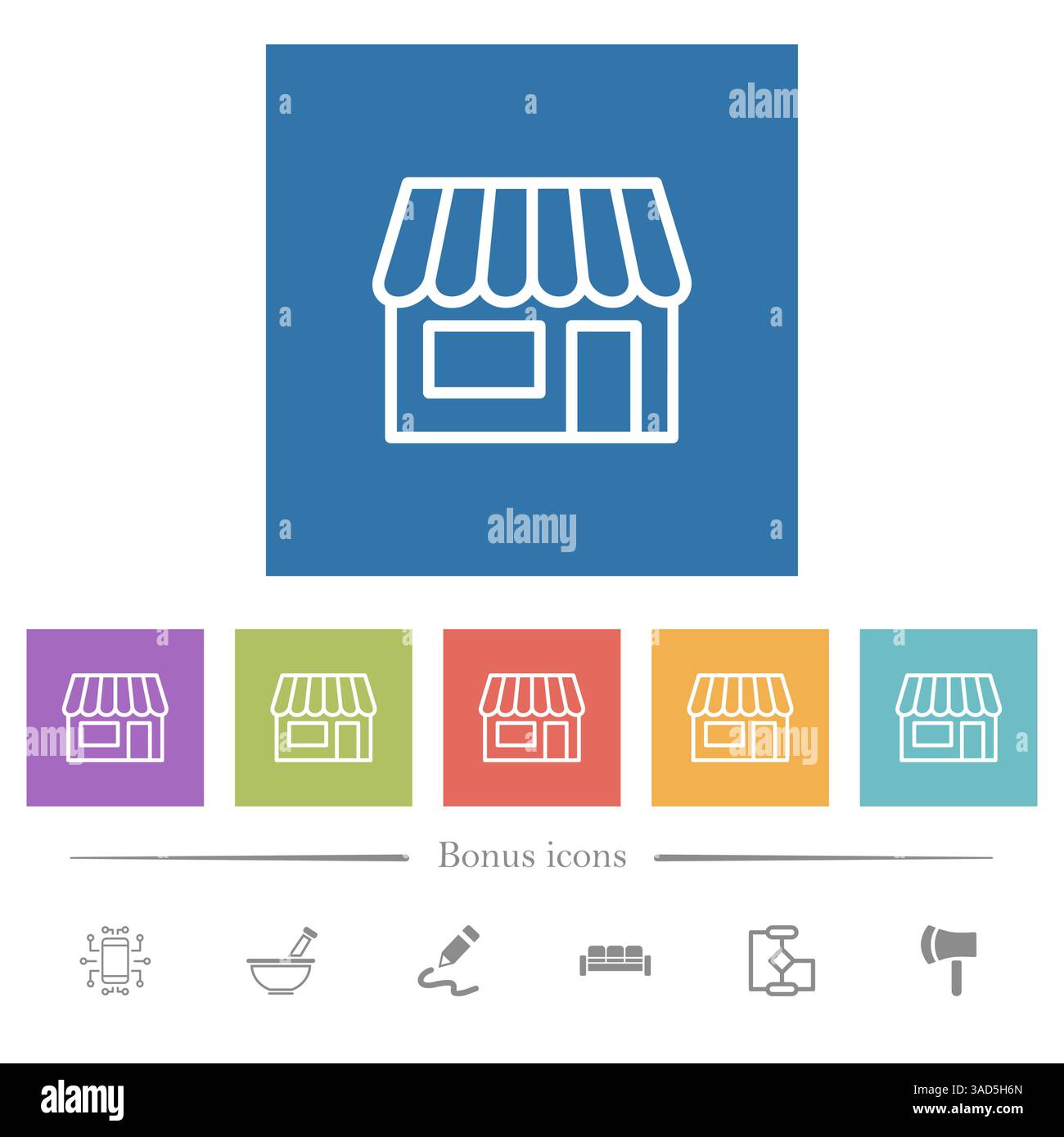 Store front outline flat white icons in square backgrounds. 6 bonus ...
