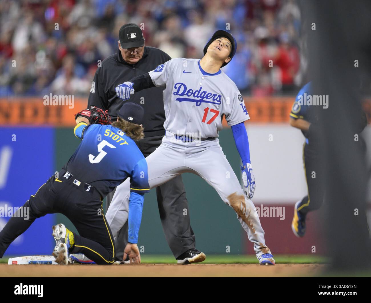 Los Angeles Dodgers designated hitter Shohei Ohtani (17) reacts after ...
