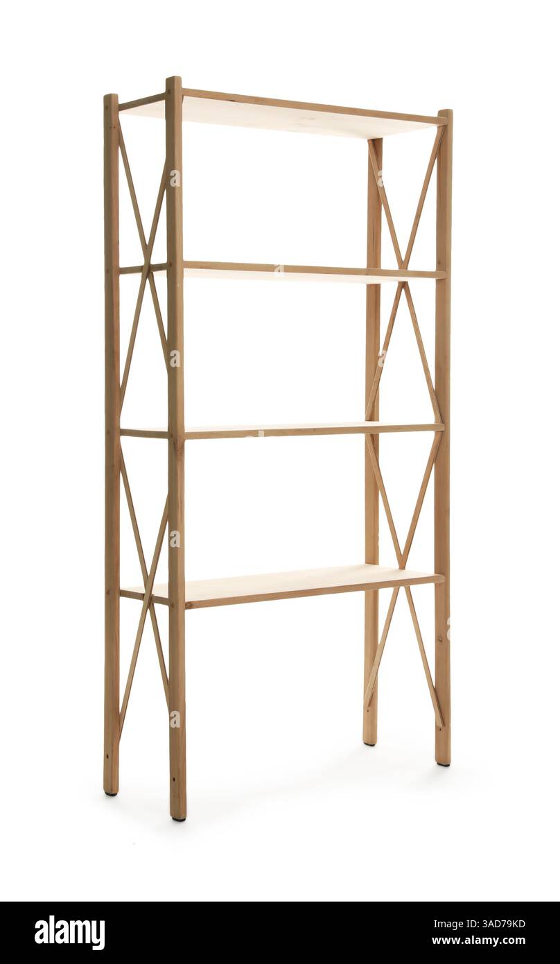 Empty wooden shelving unit isolated on white Stock Photo