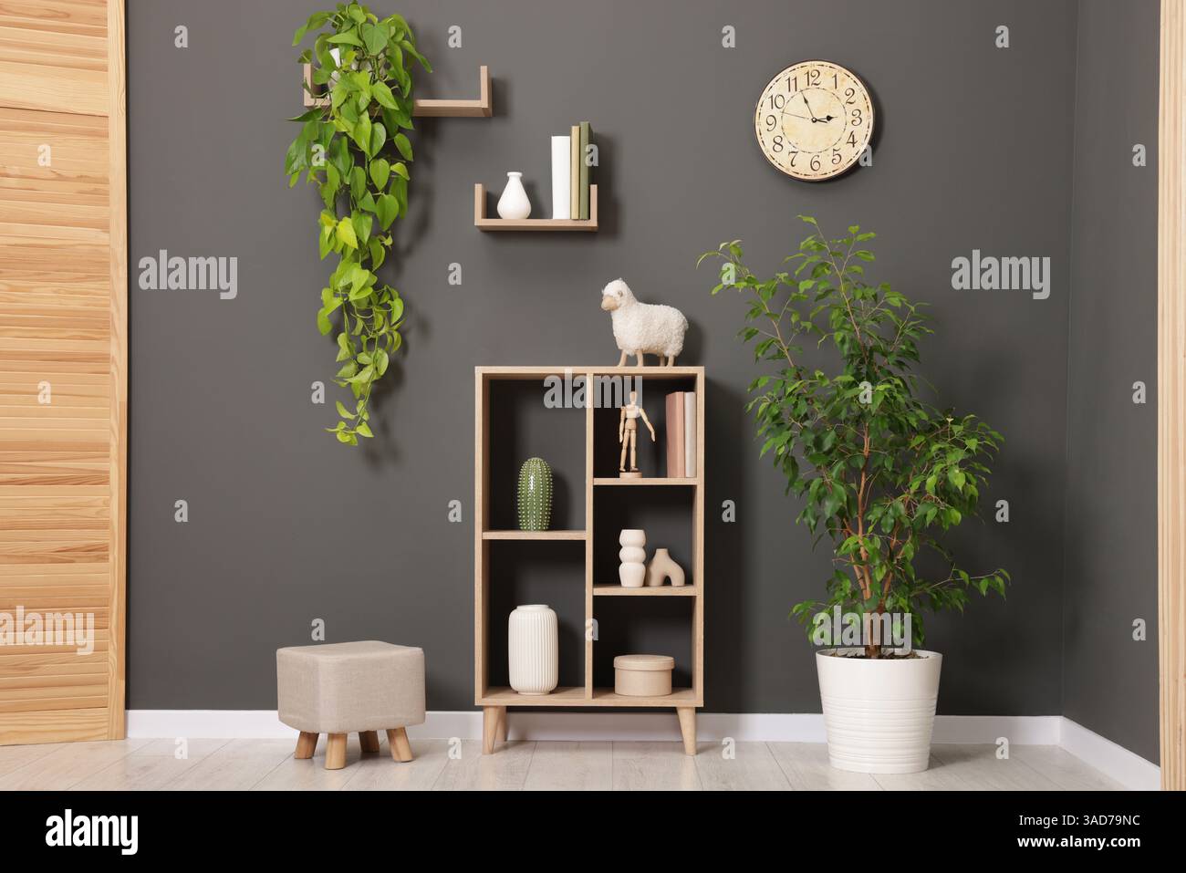 Shelving unit with different decor, folding screen and pouf near grey ... - Decorative Folding Storage Wall Unit