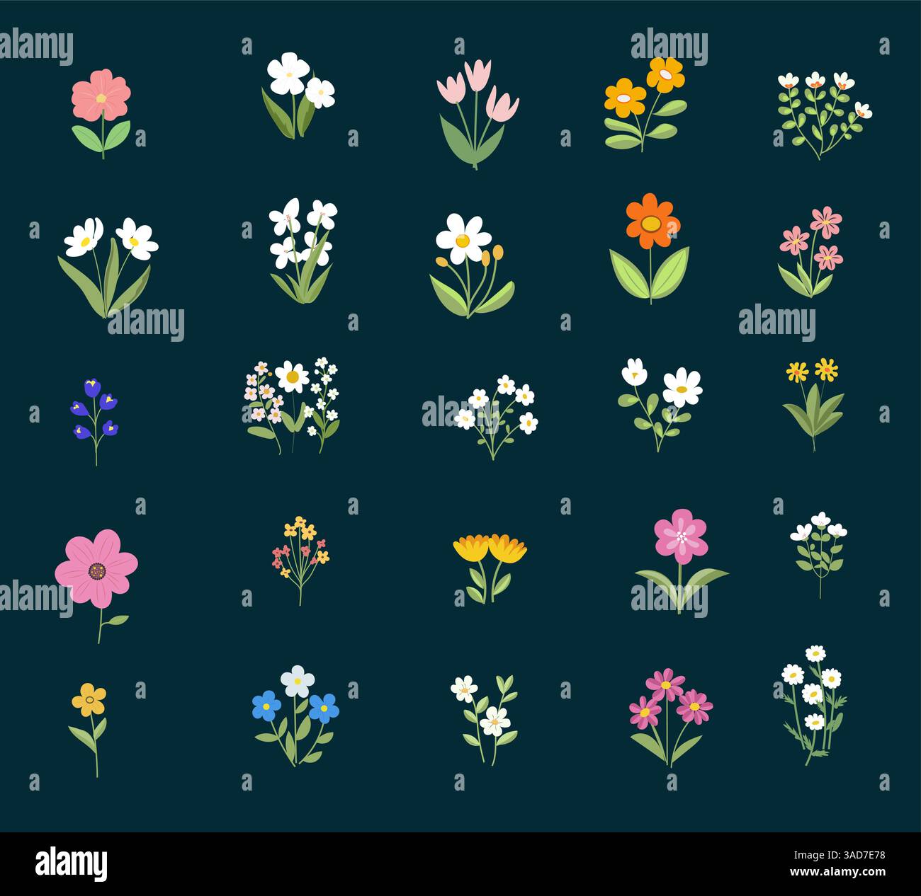 Set of spring flowers, botany blooming, vector flat design, design elements Stock Vector