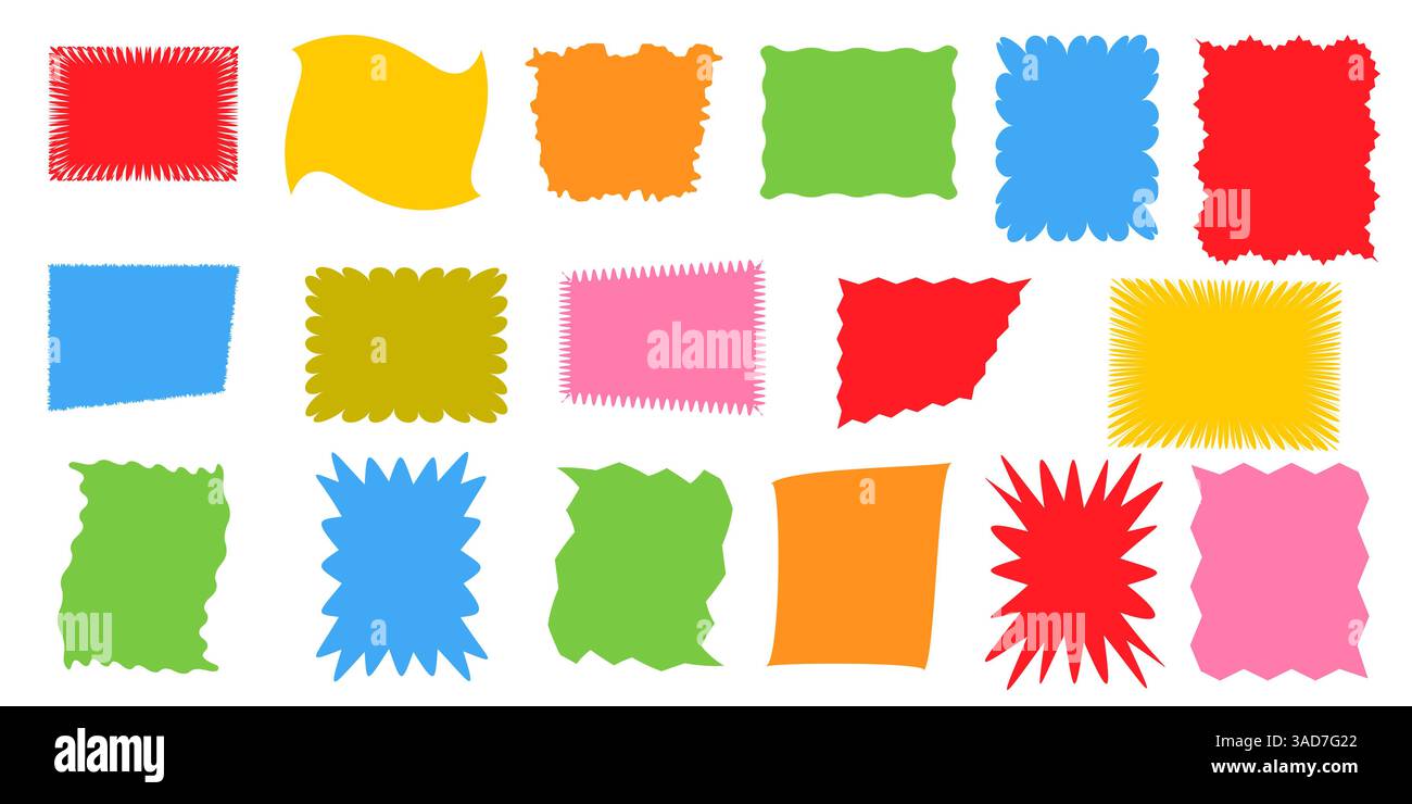 Squiggle stories frames set. Jaggered edges, retro scallop frames, psychedelic forms, groovy shapes set Stock Vector