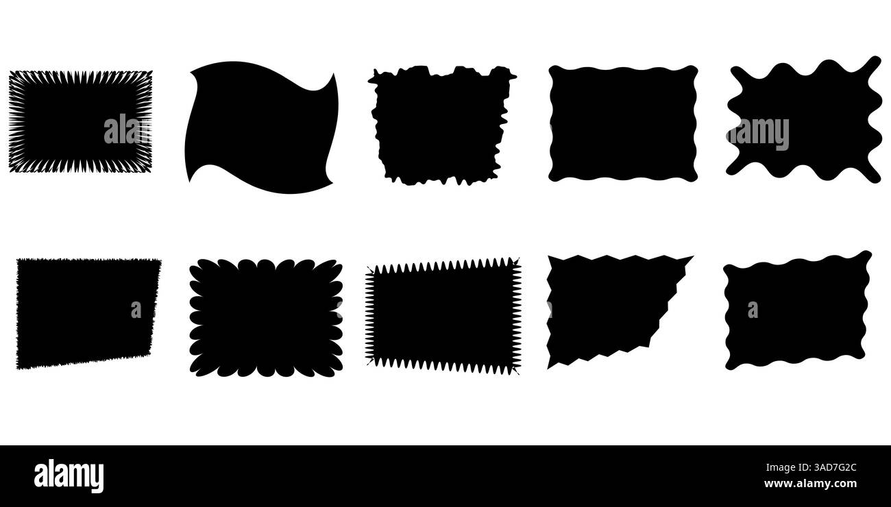 Squiggle stories frames set. Jaggered edges, retro scallop frames, psychedelic forms, groovy shapes set Stock Vector