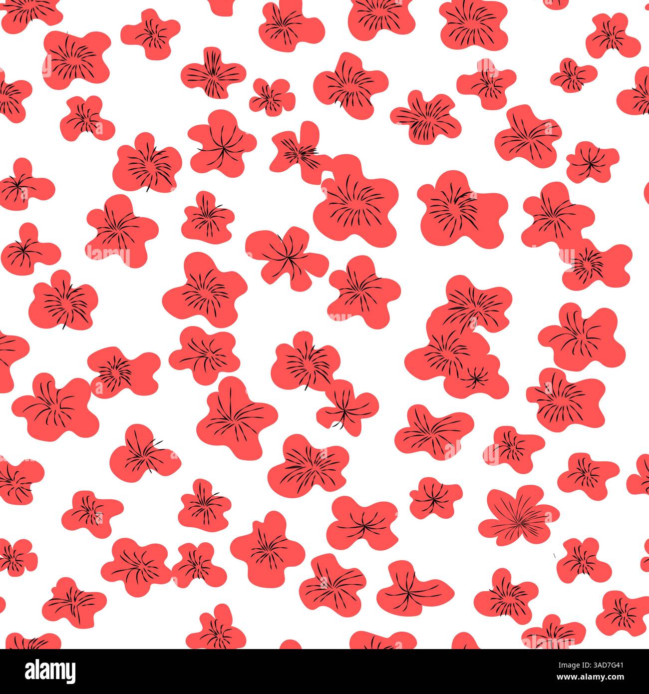 Seamless abstract  pattern with red flowers, wrapping paper, hand drawing, flat design Stock Vector