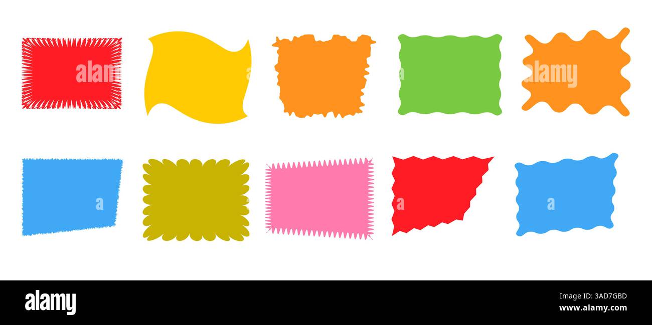 Squiggle stories frames set. Jaggered edges, retro scallop frames, psychedelic forms, groovy shapes set Stock Vector