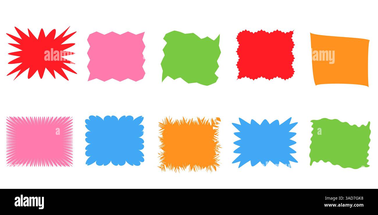 Squiggle stories frames set. Jaggered edges, retro scallop frames, psychedelic forms, groovy shapes set Stock Vector