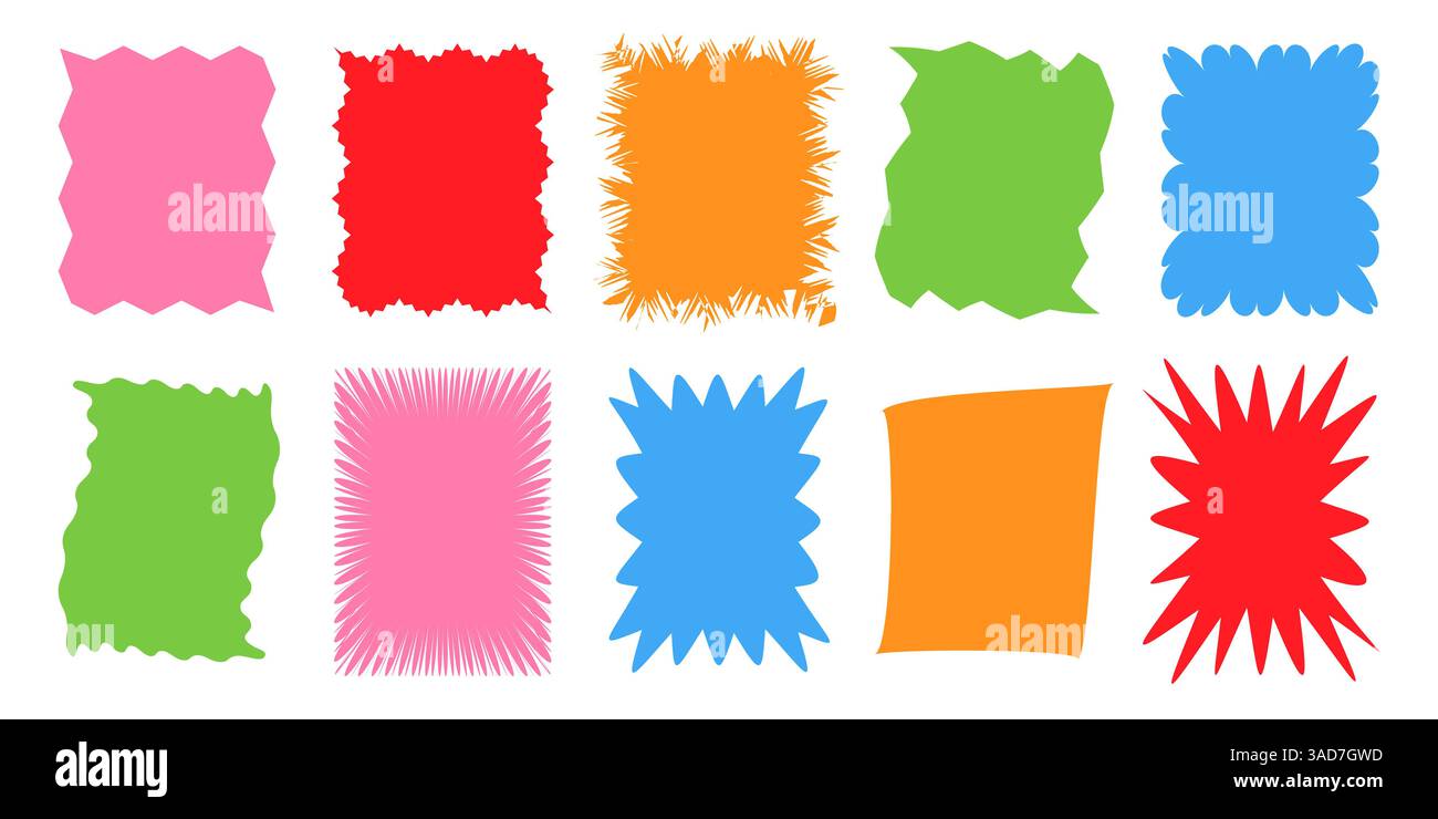 Squiggle stories frames set. Jaggered edges, retro scallop frames, psychedelic forms, groovy shapes set Stock Vector
