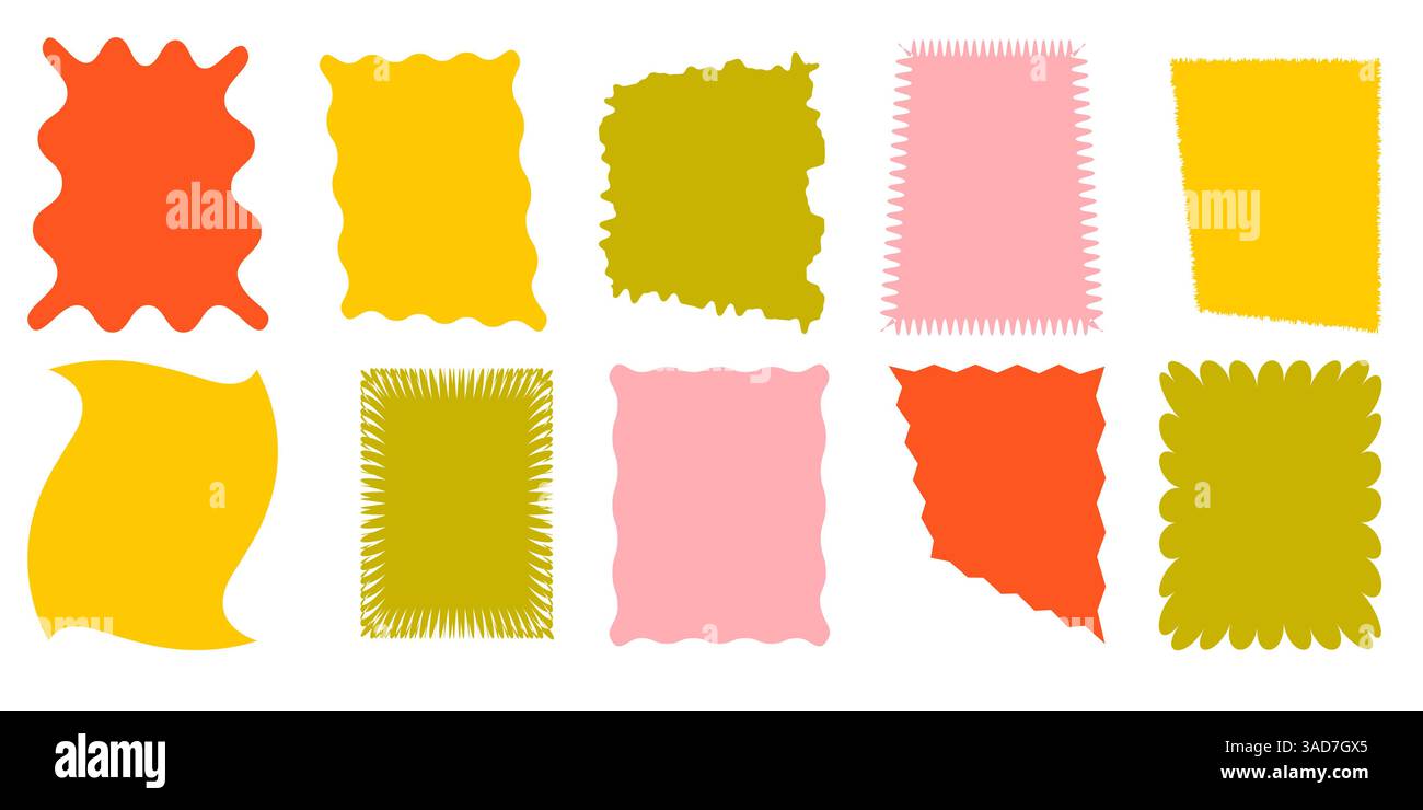 Squiggle stories frames set. Jaggered edges, retro scallop frames, psychedelic forms, groovy shapes set Stock Vector
