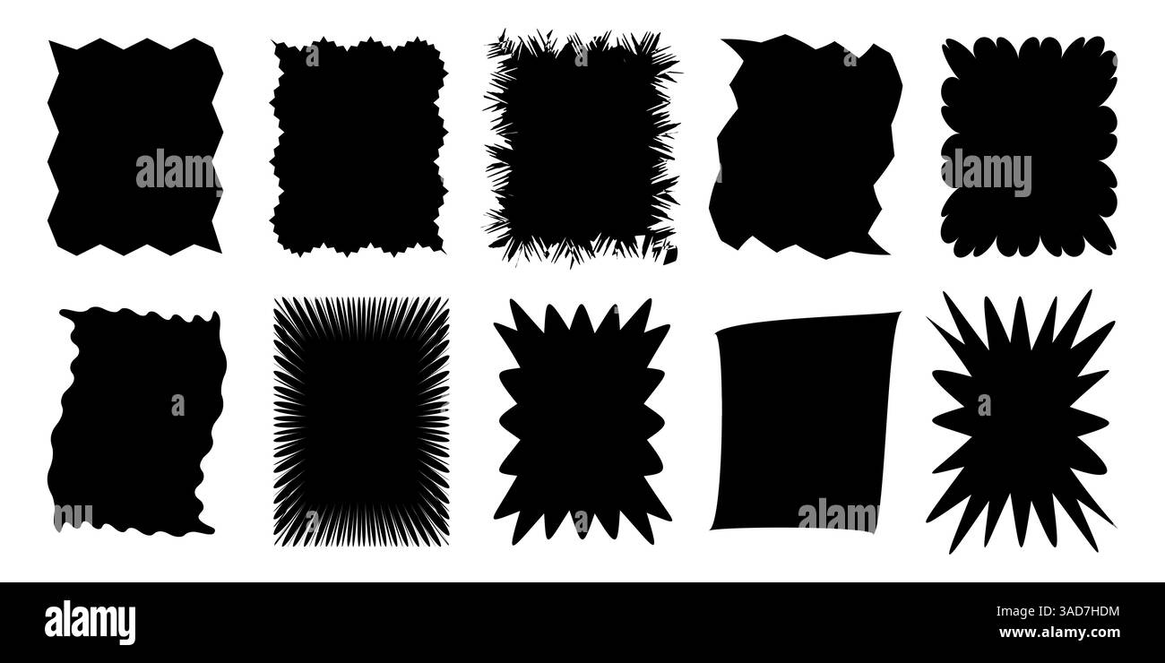 Squiggle stories frames set. Jaggered edges, retro scallop frames, psychedelic forms, groovy shapes set Stock Vector