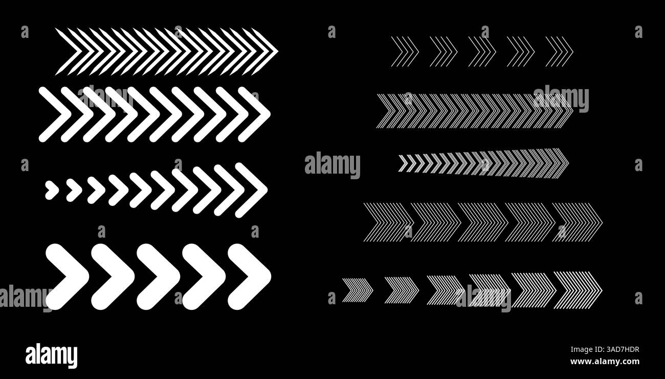 Set of white straight arrows isolated on the dark background Stock Vector