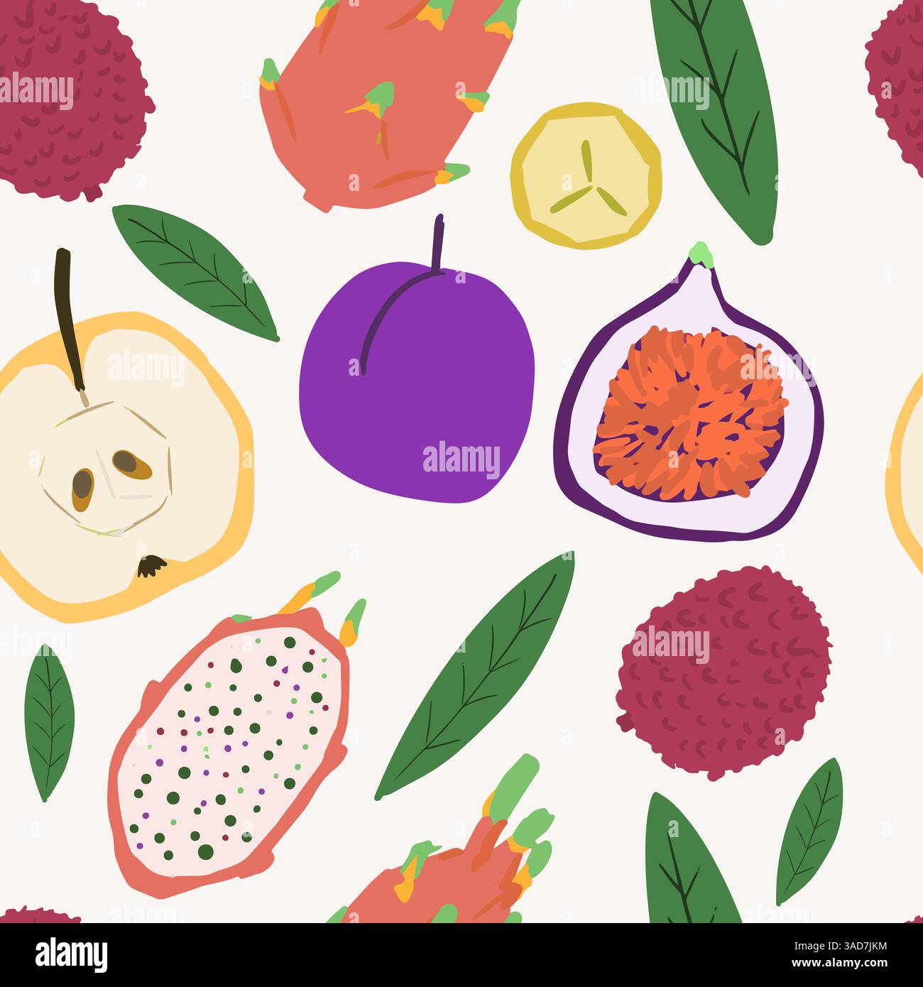Seampless pattern fruits. Vector cartoon flat set. Lychee, plum. apple,  fig Stock Vector