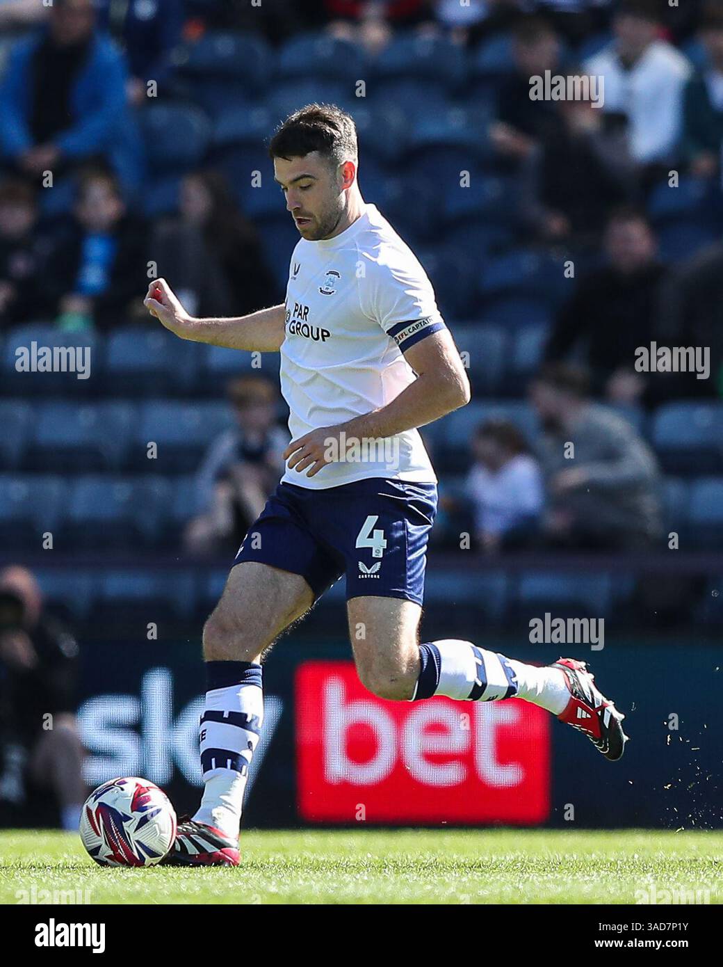 Preston, UK. 05th Apr, 2025. Ben Whiteman of Preston North End passes ...
