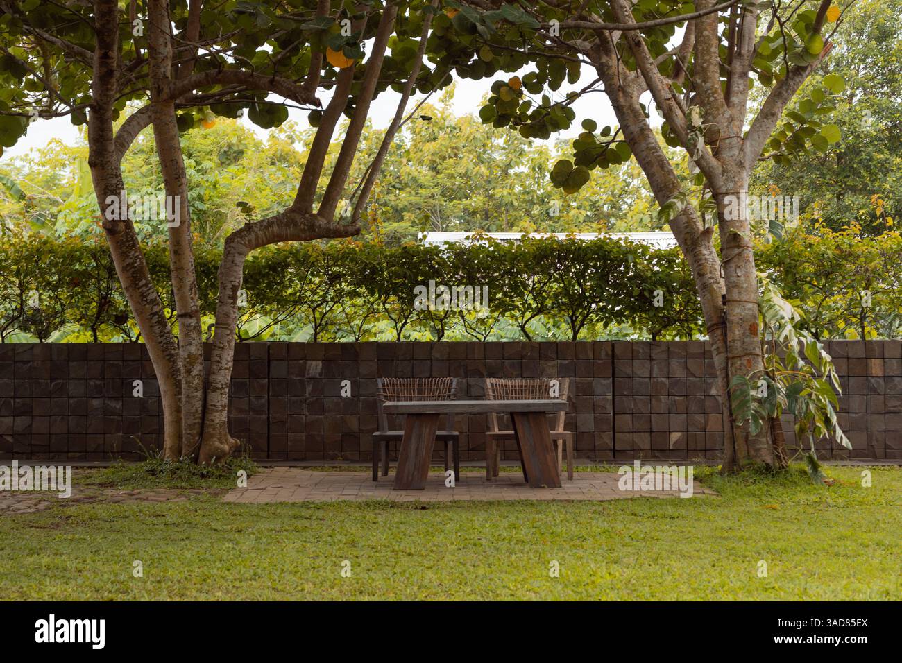 Two outdoor wooden chairs with table on the green lawn in the garden, with two trees on the background Stock Photo