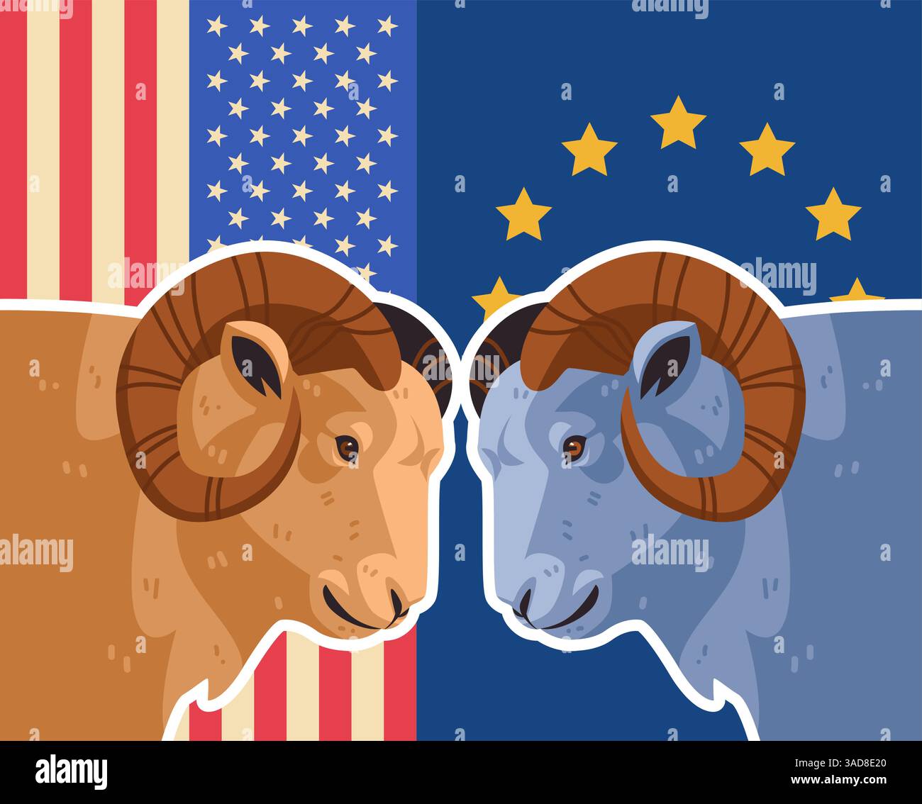 Two Rams Colliding Design USA EU trade war concept depicted by two rams facing off against ...