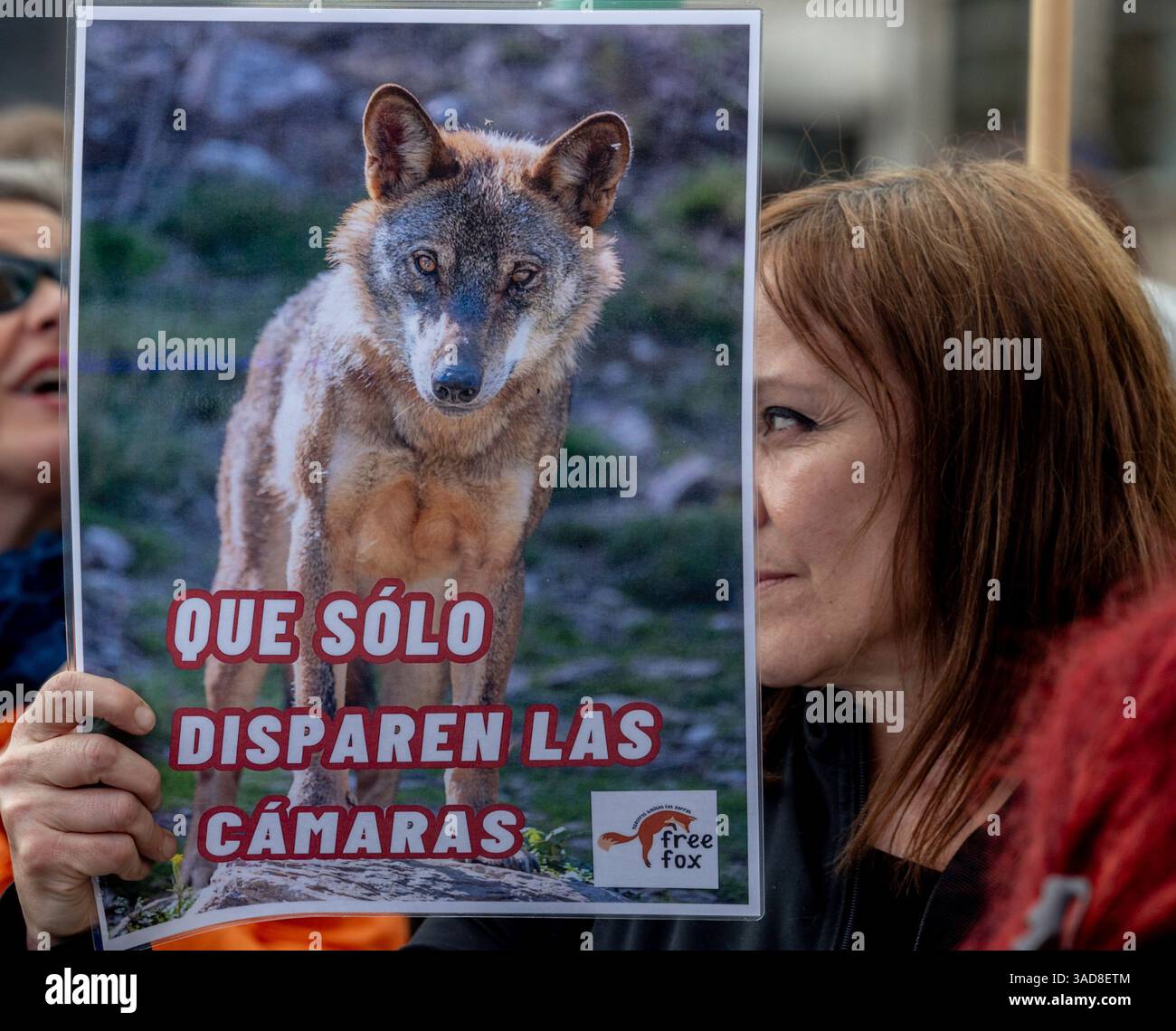 A person shows a sign during the rally 'Save the Iberian wolf', in the ...
