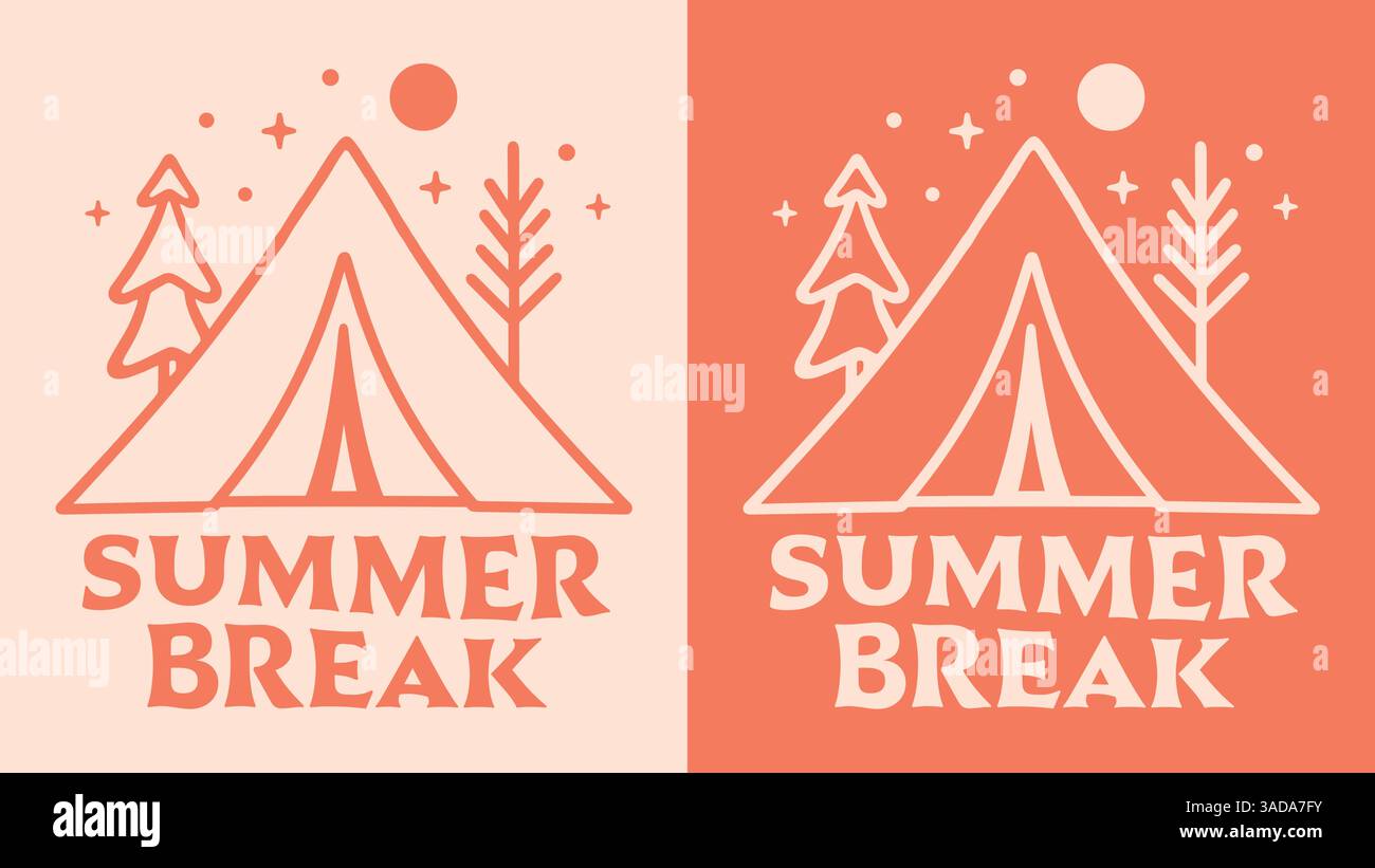 Summer break camping orange retro vintage aesthetic cute groovy forest tent illustration for girls school trip camp animator counselor shirt design. Stock Vector