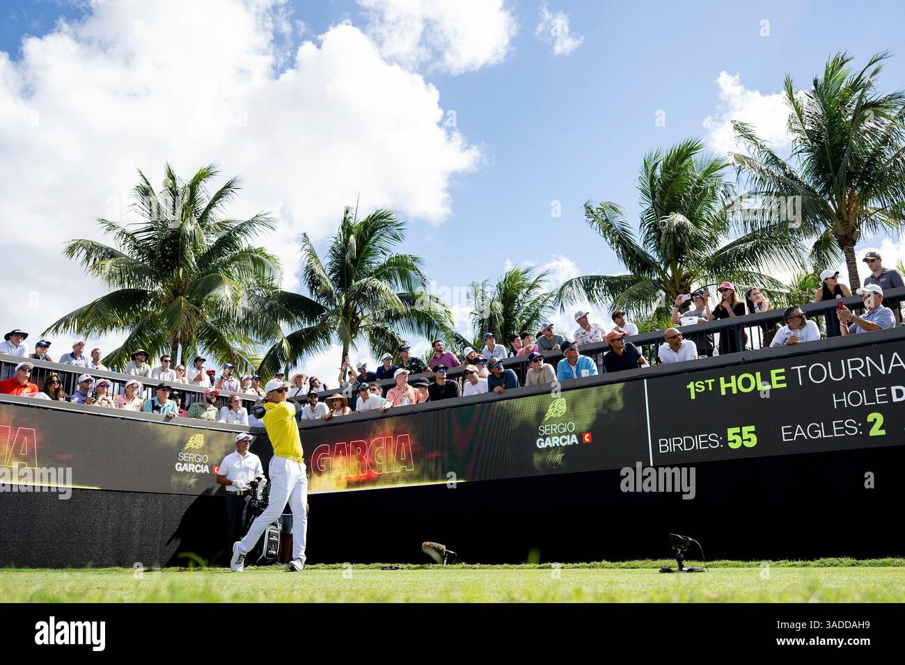 Captain Sergio Garcia of Fireballs GC hits his shot from the first tee ...