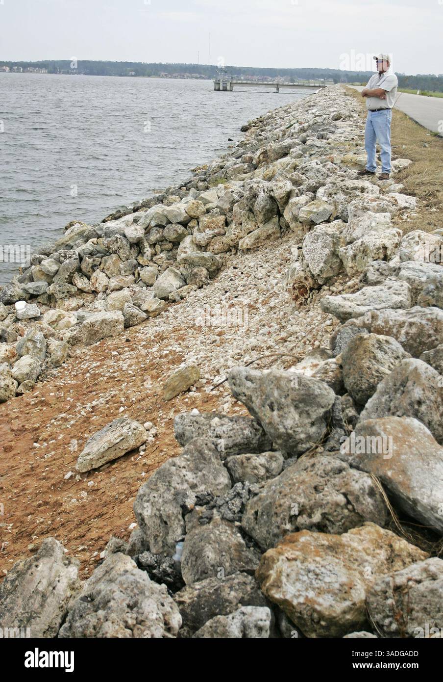 Sep 17, 2008 - Conroe, Texas, USA - Blake Kellum, division manager for the San Jacinto River Authority, surveys the damage caused to the Lake Conroe dam by Hurricane Ike (Credit Image: Eric Swist/ZUMAPRESS.com) Stock Photo