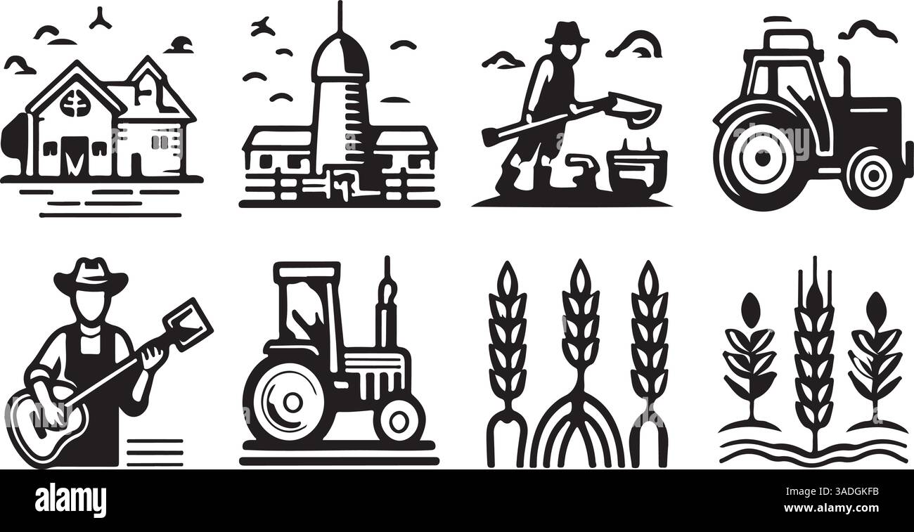 Vector Monochrome Line Art Icon Set for Agriculture Stock Vector Image ...