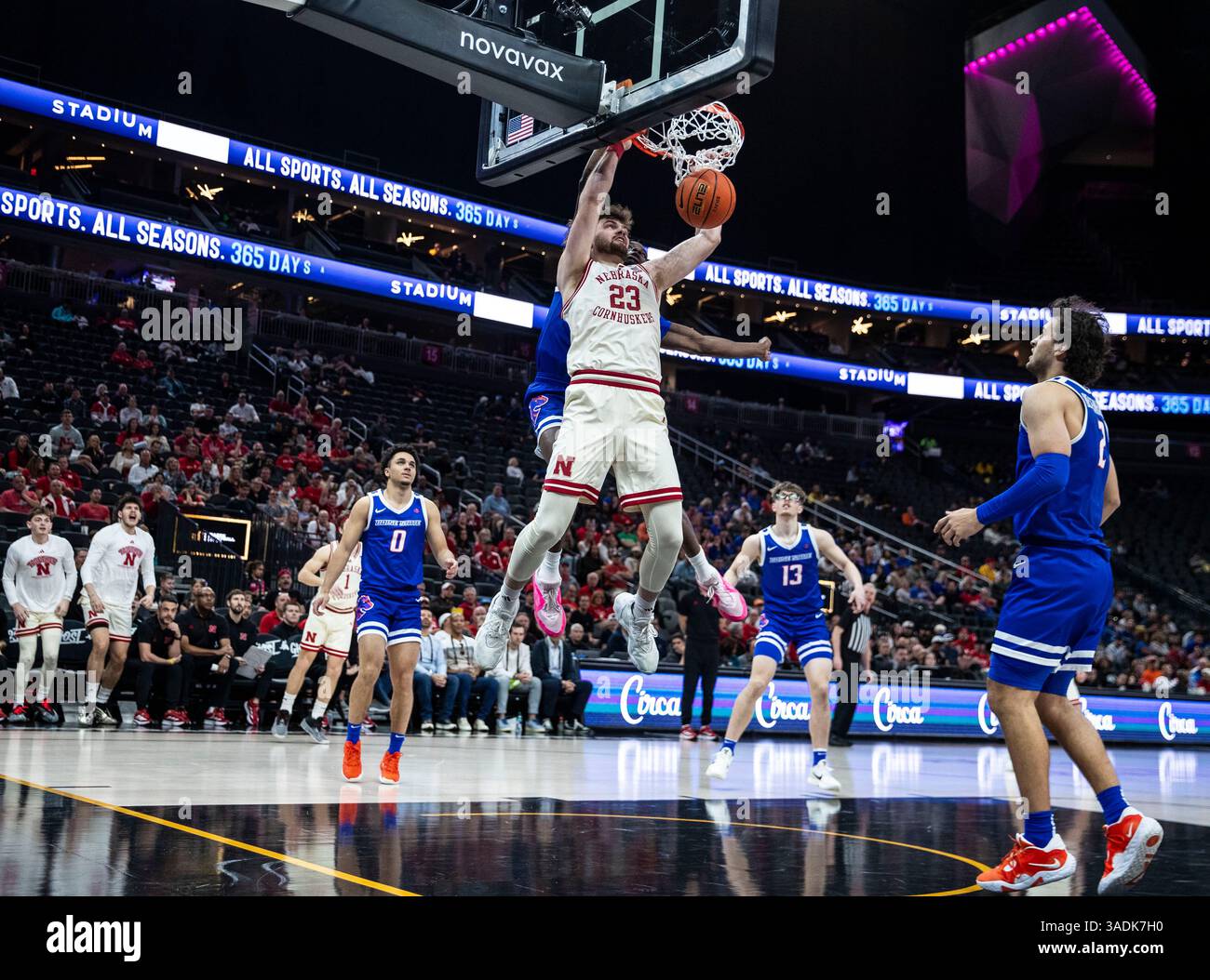 April 05 2025 Las Vegas, NV U.S.A. Nebraska forward Andrew Morgan (23)slam dunks the ball during the NCAA Men's College Basketball Crown semi-final game one between Boise State Broncos and the Nebraska Cornhuskers. Nebraska beat Boise State 79-69 at T-Mobile Arena Las Vegas, NV. Thurman James/CSM (Credit Image: © Thurman James/Cal Sport Media) Stock Photo