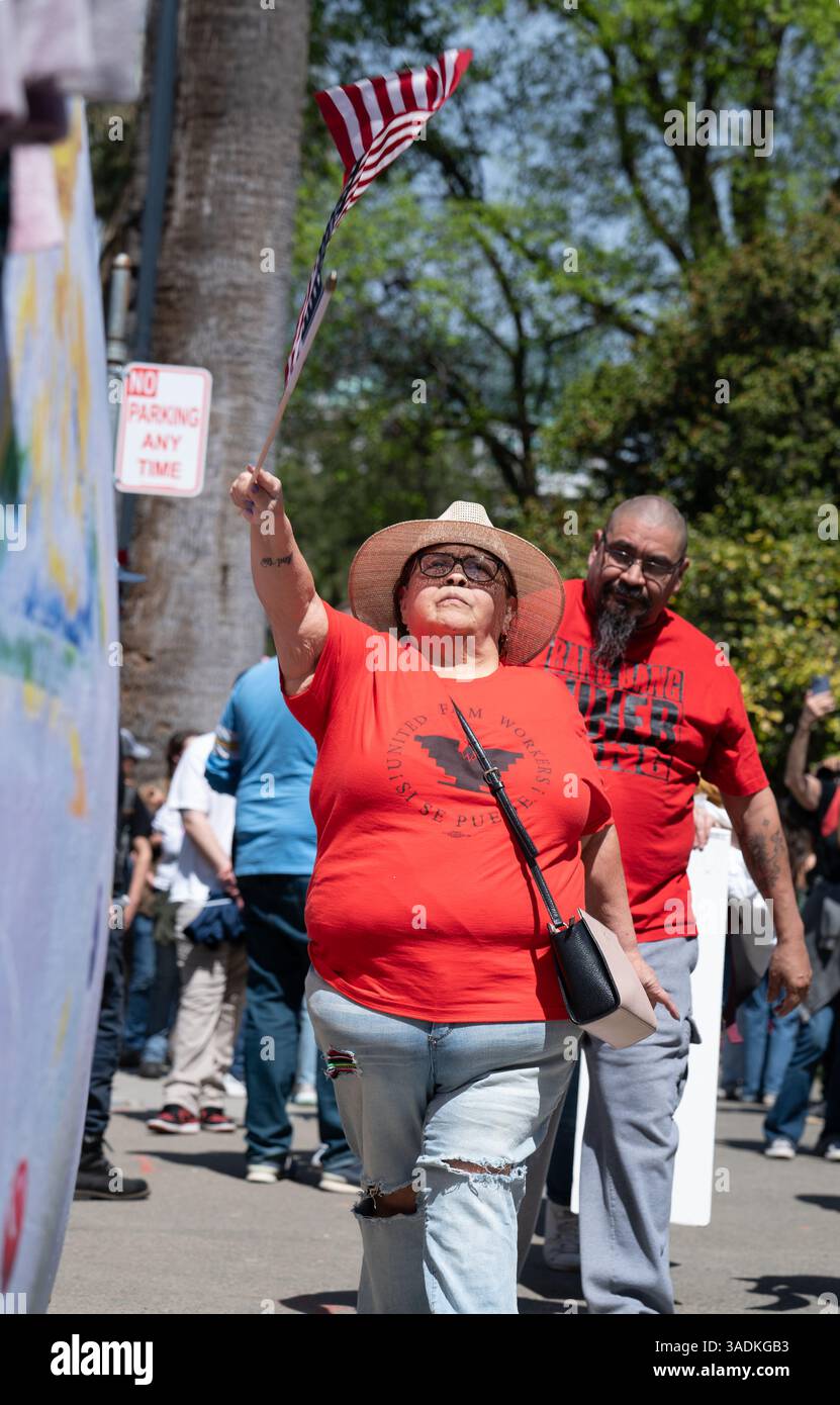 A woman wearing a United Farmworkers t-shirt waves a U.S. flag at the 50501 Hands-Off protest, held downtown on the Capitol grounds. Stock Photo