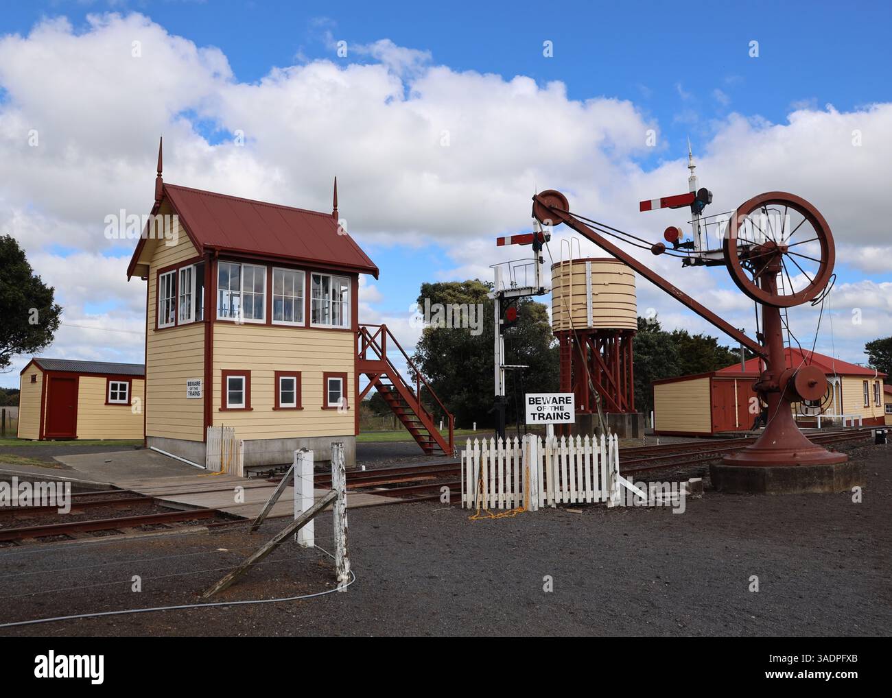 Vintage train station signal box and other equipment, narrower shot ...