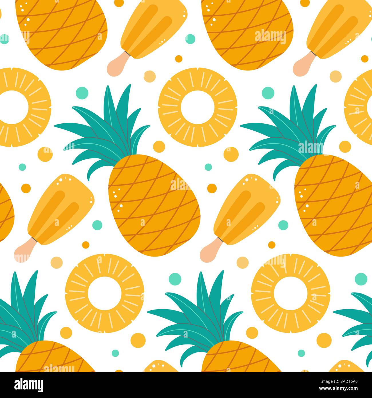 Seamless pattern with pineapples, pineapple slices, ice cream, and colorful dots on a white background. Vector illustration. Stock Vector