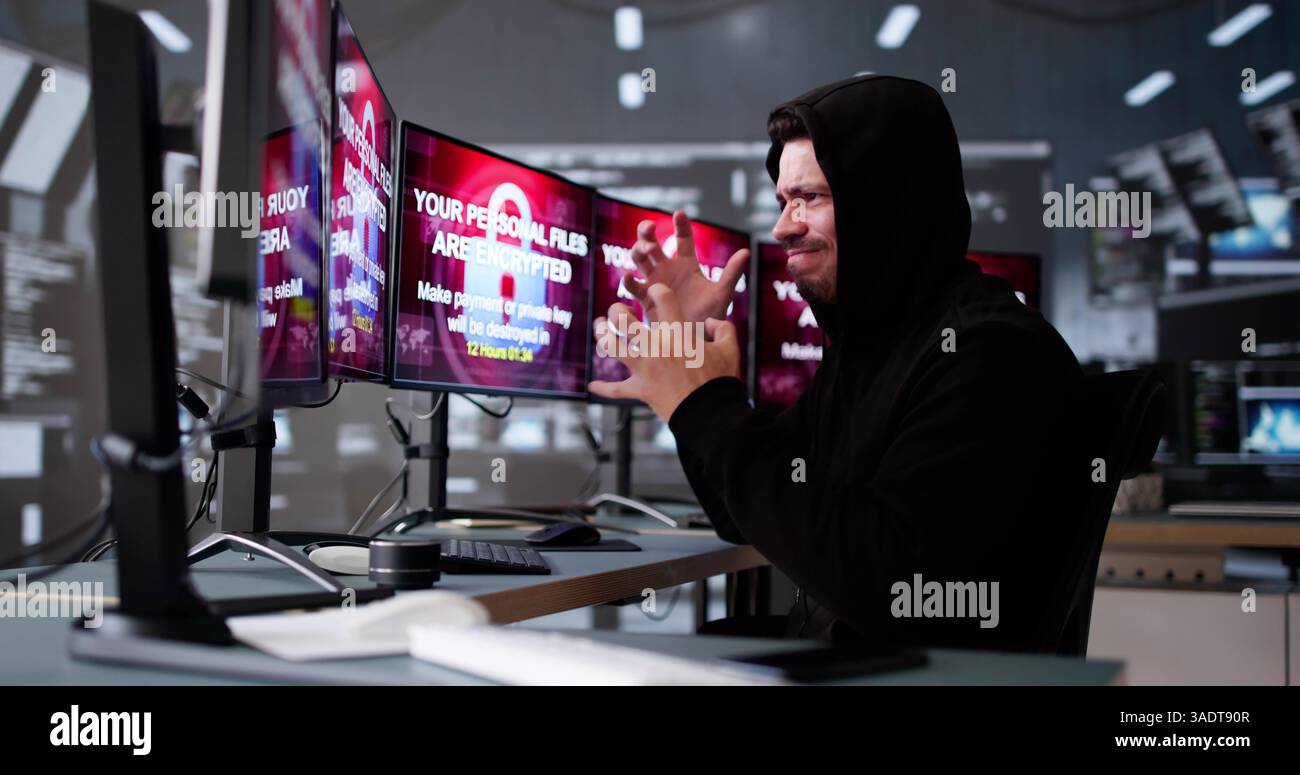 Ransomware Cyber Attack On Hacker Computer. Virus on Screen Stock Photo