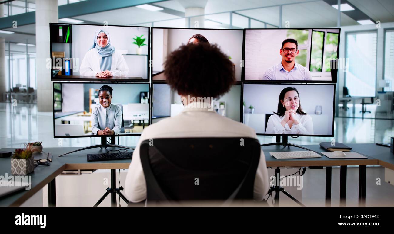 Virtual conference call with African American HR manager using webcam Stock Photo