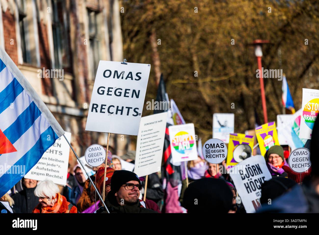 06 April 2025, Brandenburg, Jüterbog: Demonstrators from the alliance ...