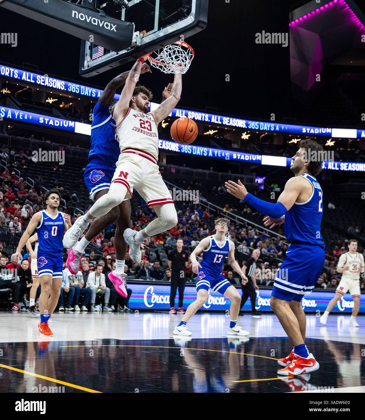 April 05 2025 Las Vegas, NV U.S.A. Nebraska forward Andrew Morgan (23)slam dunks the ball during the NCAA Men's College Basketball Crown semi-final game one between Boise State Broncos and the Nebraska Cornhuskers. Nebraska beat Boise State 79-69 at T-Mobile Arena Las Vegas, NV. Thurman James/CSM (Credit Image: © Thurman James/Cal Sport Media) Stock Photo
