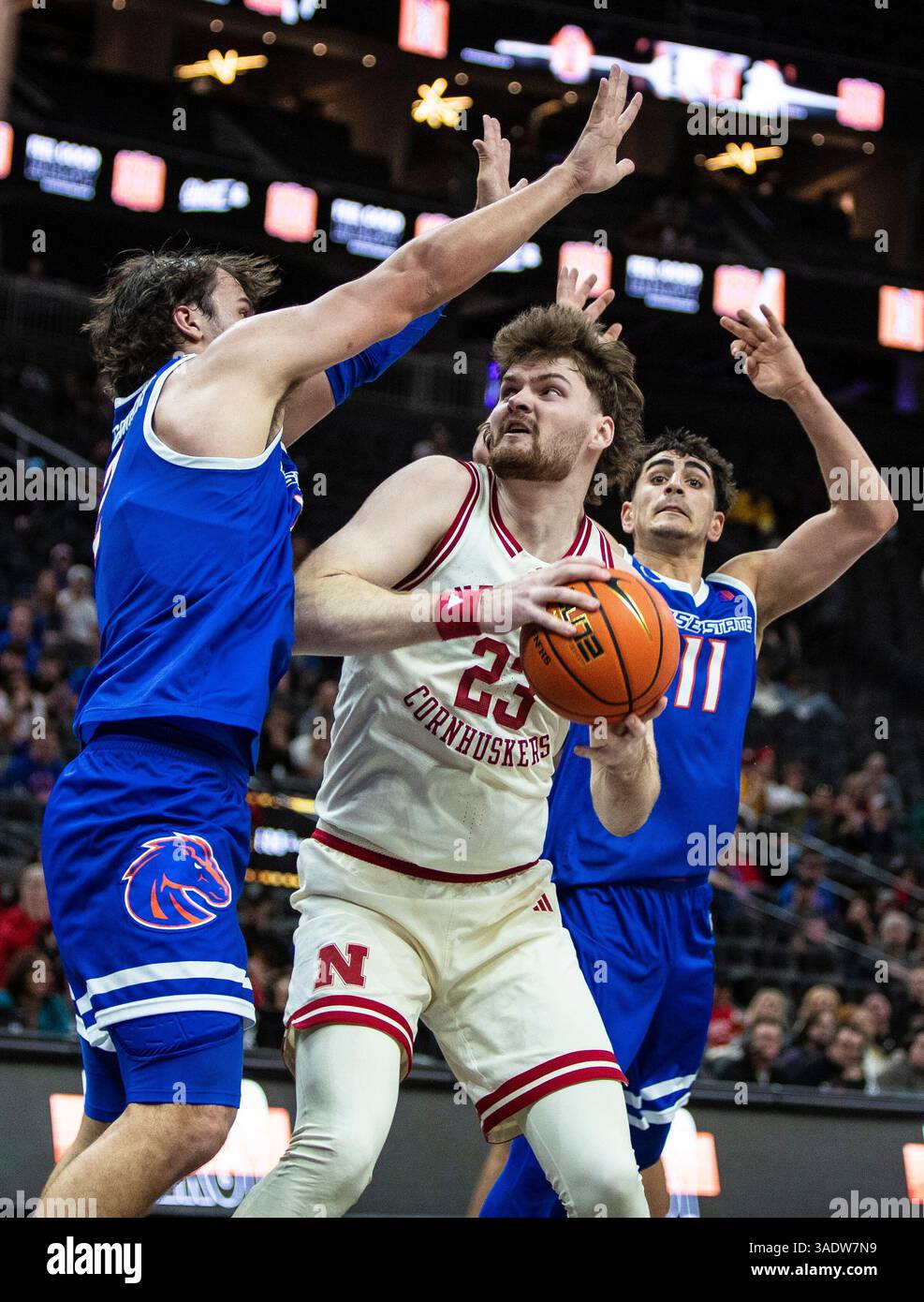 April 05 2025 Las Vegas, NV U.S.A. Nebraska forward Andrew Morgan (23)drives to the basket during the NCAA Men's College Basketball Crown semi-final game one between Boise State Broncos and the Nebraska Cornhuskers. Nebraska beat Boise State 79-69 at T-Mobile Arena Las Vegas, NV. Thurman James/CSM (Credit Image: © Thurman James/Cal Sport Media) Stock Photo