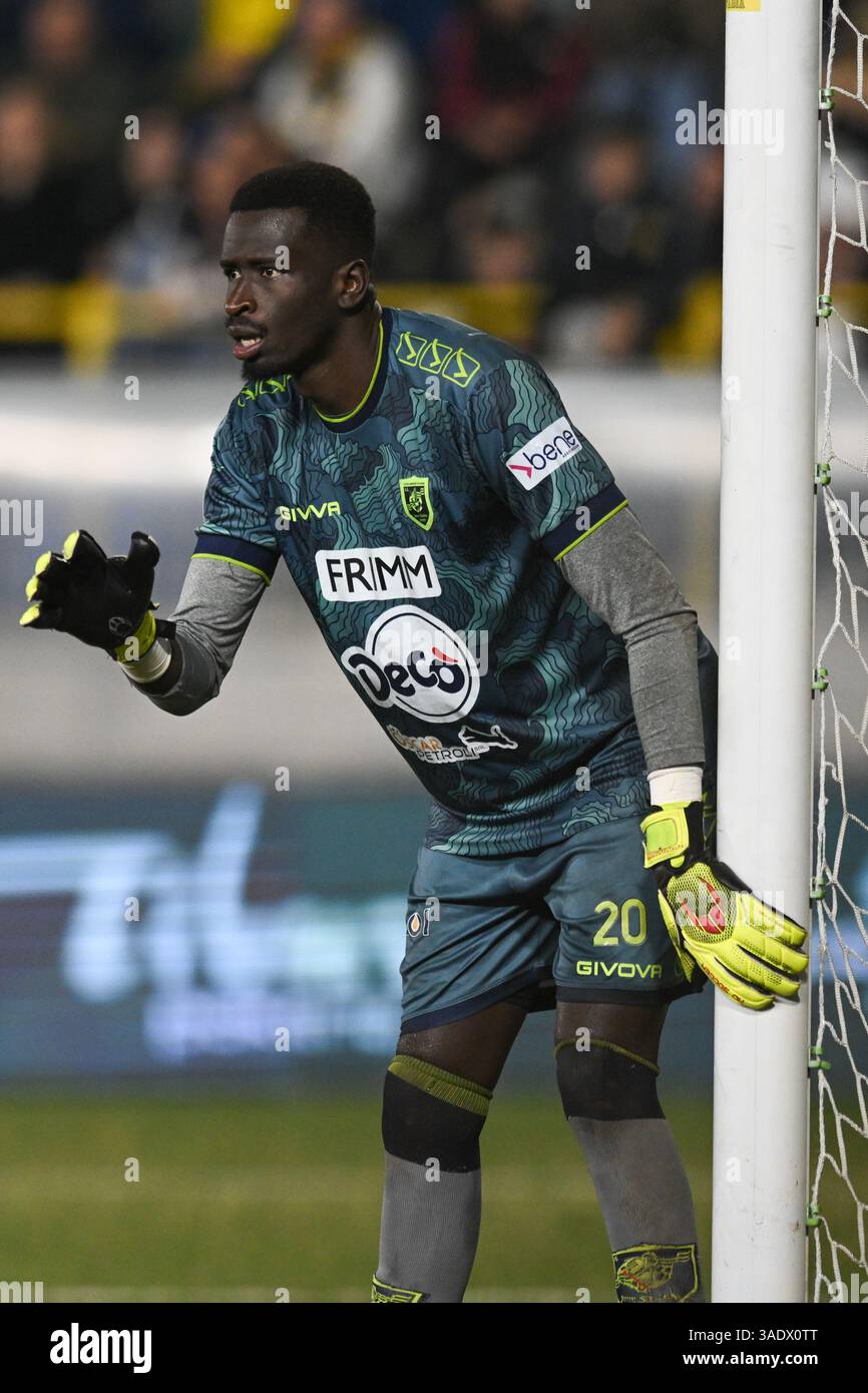 Castellamare di Stabia, Italy. 05th Apr, 2025. Demba Thiam of SS Juve Stabia gestures during the Serie B match between SS Juve Stabia and US Salernitana at Stadio Romeo Menti, Castellammare di Stabia, Italy on April 5, 2025. Credit: Nicola Ianuale/Alamy Live News Stock Photo