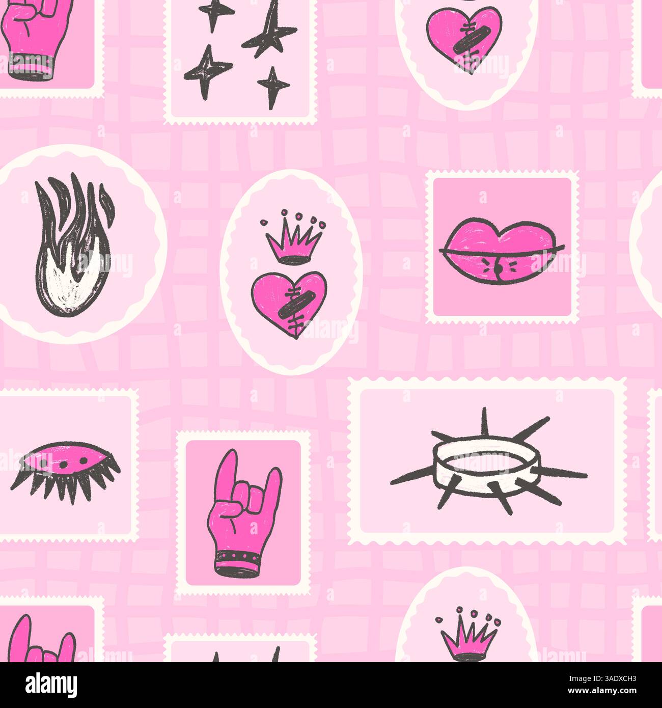 Horns, broken heart postage stamp seamless pattern. Punk rock crown ...