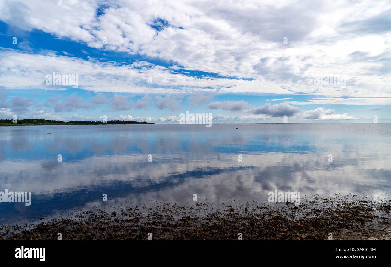 A serene landscape featuring a calm body of water reflecting the sky ...